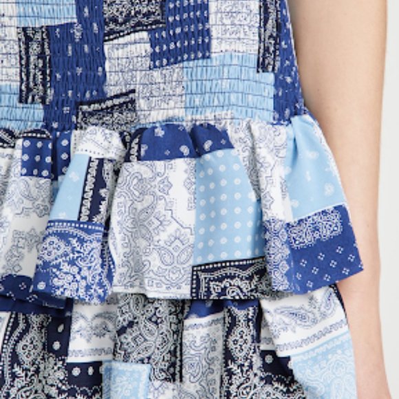 English Factory Paisley Smocked Mini Skirt  Color: Blue Multi Size:L - Picture 2 of 16